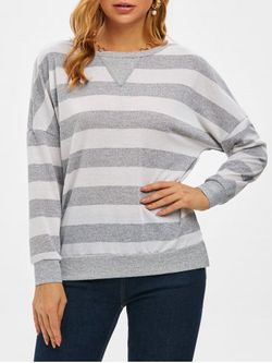 Bicolor Striped Drop Shoulder Slit Knitwear - LIGHT GRAY - XL