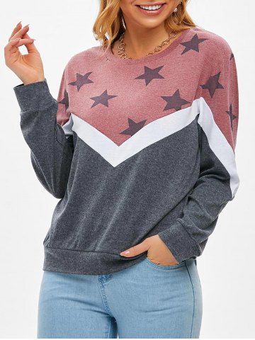 Star Colorblock Jersey Knit Casual Sweatshirt - LIGHT PINK - XL