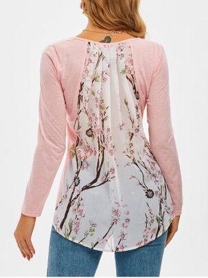 Peach Blossom Print High Low Chiffon Panel T Shirt