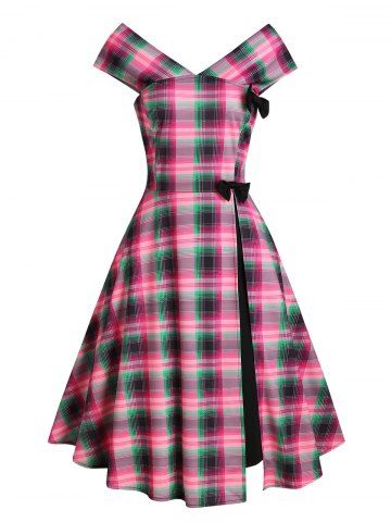 Plaid Double V Neck Bowknot A Line Dress - MULTI - S