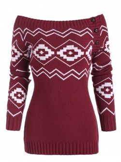 Button Side Off Shoulder Zig Zag Geometric Sweater - DEEP RED - L