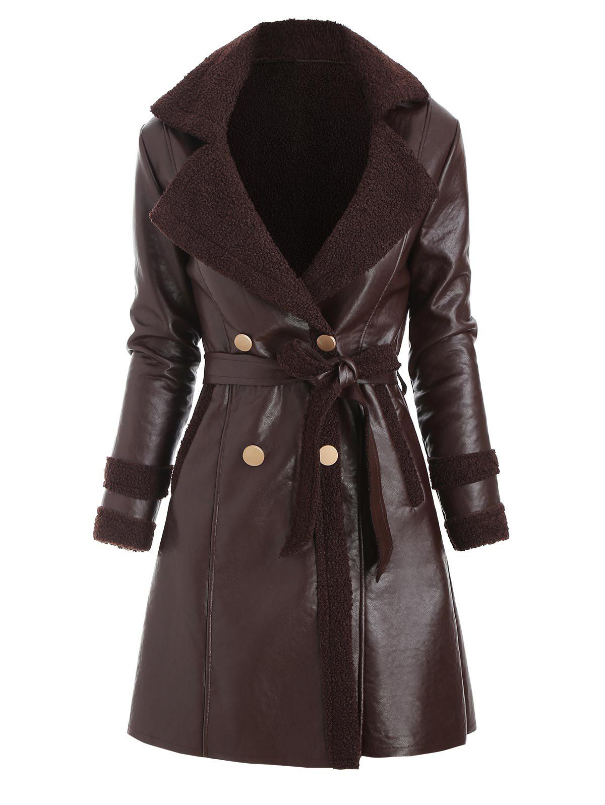 

Faux Leather Shearling Insert Pocket Belted Coat, Blood red
