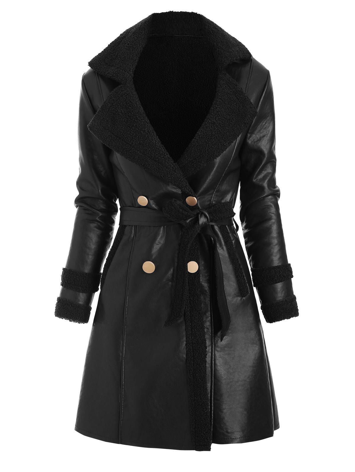 

Faux Leather Shearling Insert Pocket Belted Coat, Black