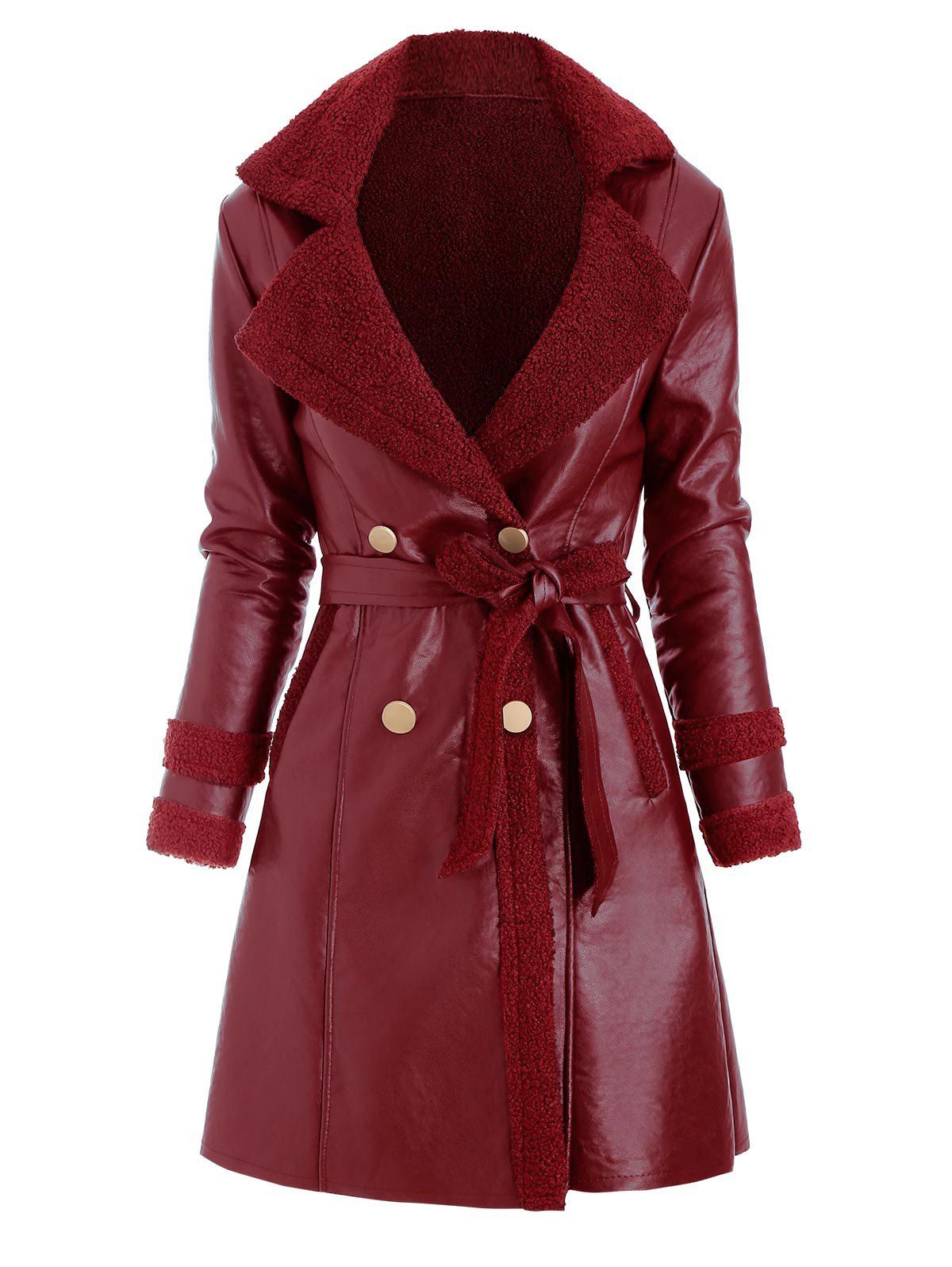 

Faux Leather Shearling Insert Pocket Belted Coat, Red wine