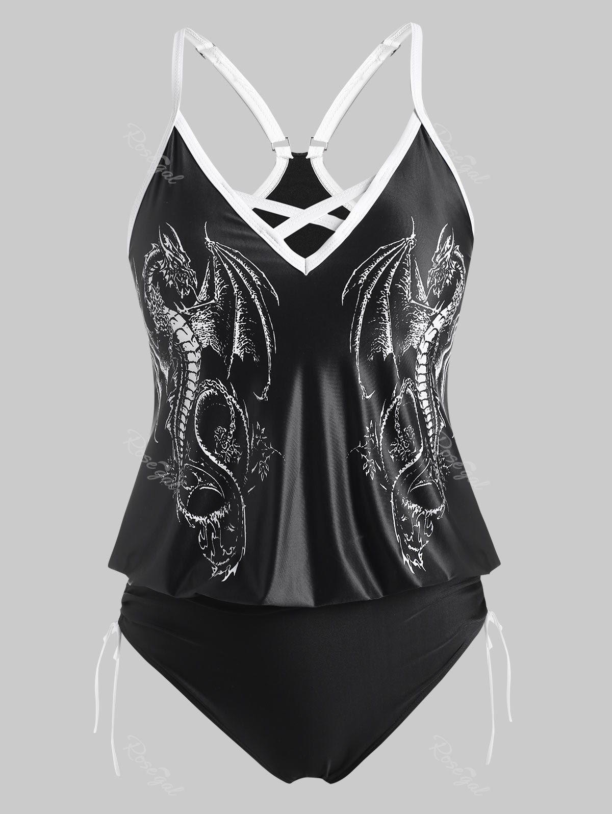 

Plus Size Dragon with Wings Cross Cinched Blouson Tankini Swimwear, Black