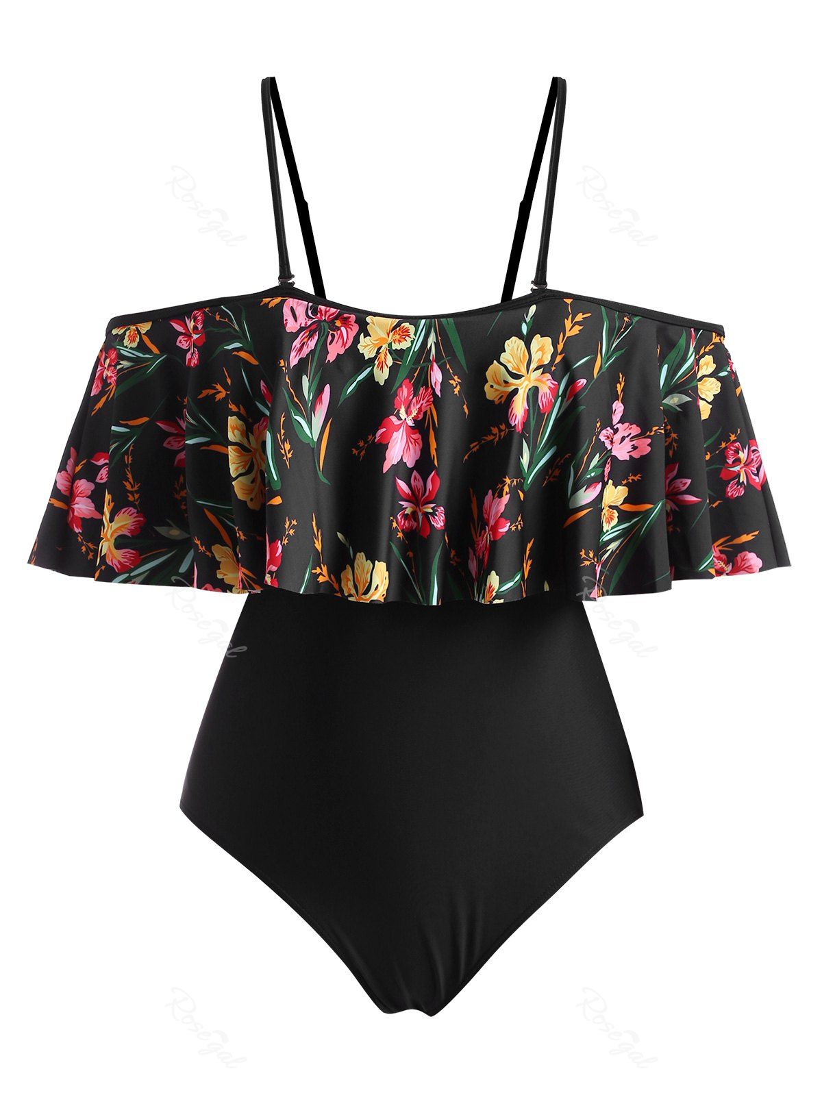 

Plus Size Flounce Floral Cold Shoulder One-piece Swimsuit, Black