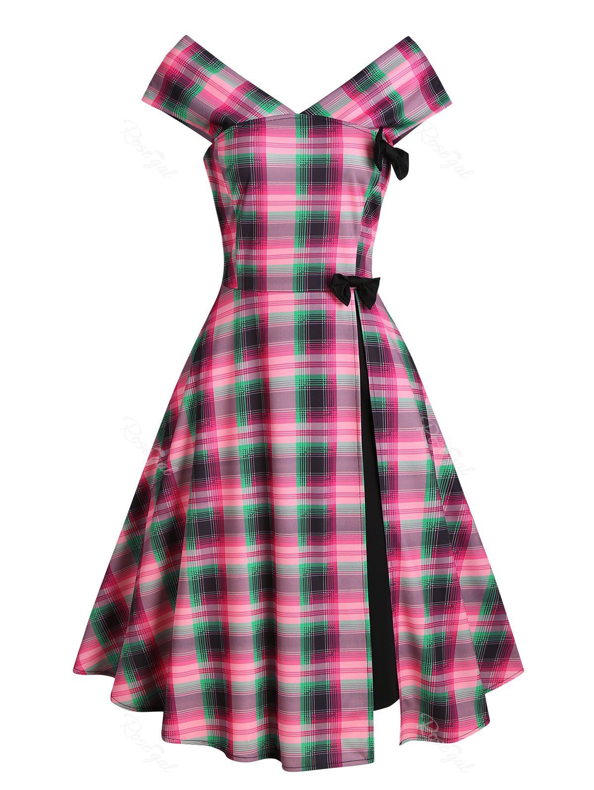 Latest Plaid Double V Neck Bowknot A Line Dress  