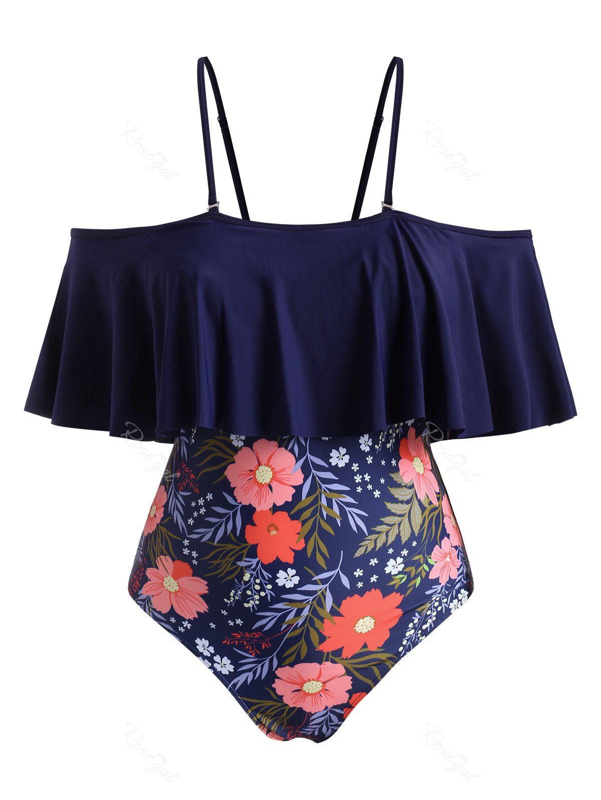 

Plus Size Flounce Floral Open Shoulder One-piece Swimsuit, Deep blue