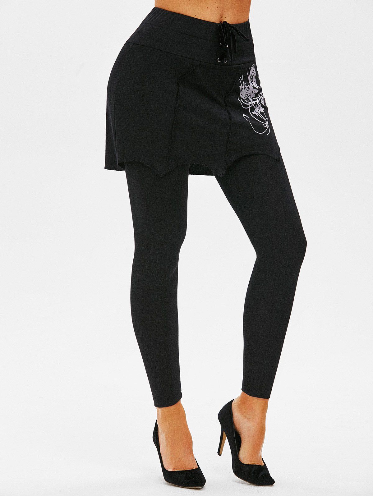 

Lace-up Butterfly Print Skirted Leggings, Black