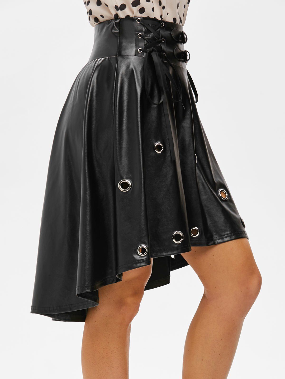 Unique Punk Lace Up Grommets High Low Faux Leather Skirt  