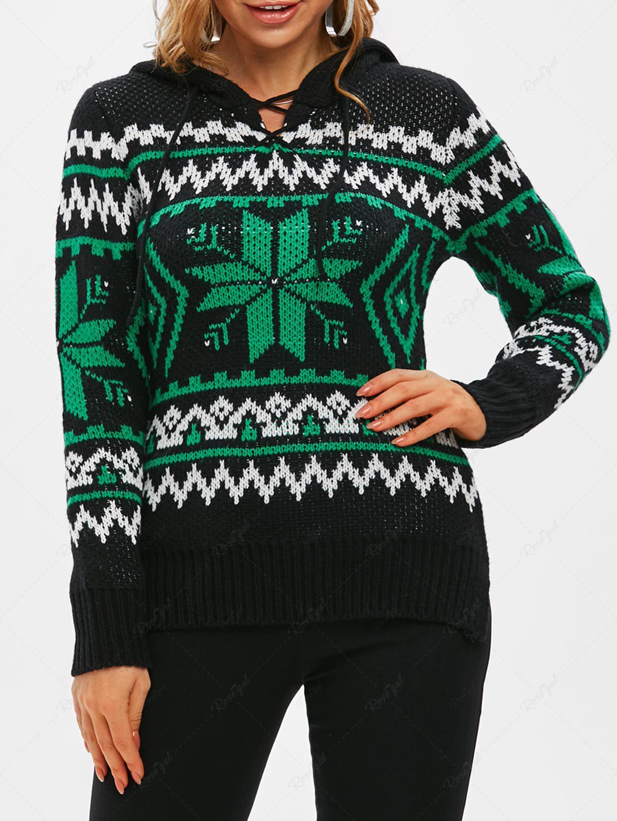 

Christmas Snowflake Lace Up Hooded Slit Step Hem Sweater, Multi