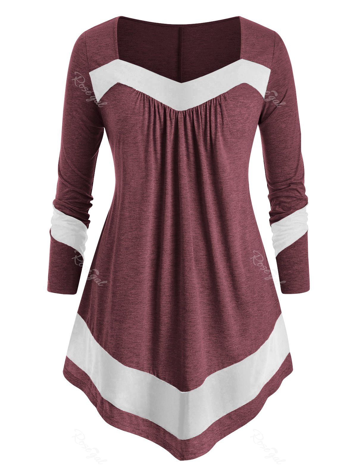 

Plus Size Asymmetric Contrast Trim T Shirt, Red wine