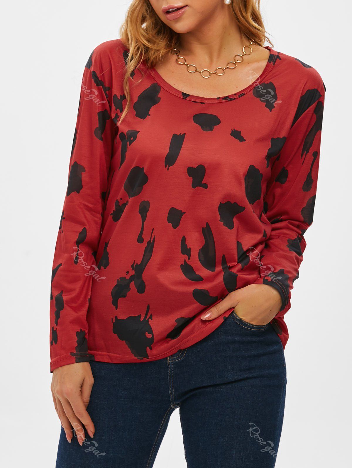 

Scoop Neck Abstract Print Long Sleeve Top, Deep red