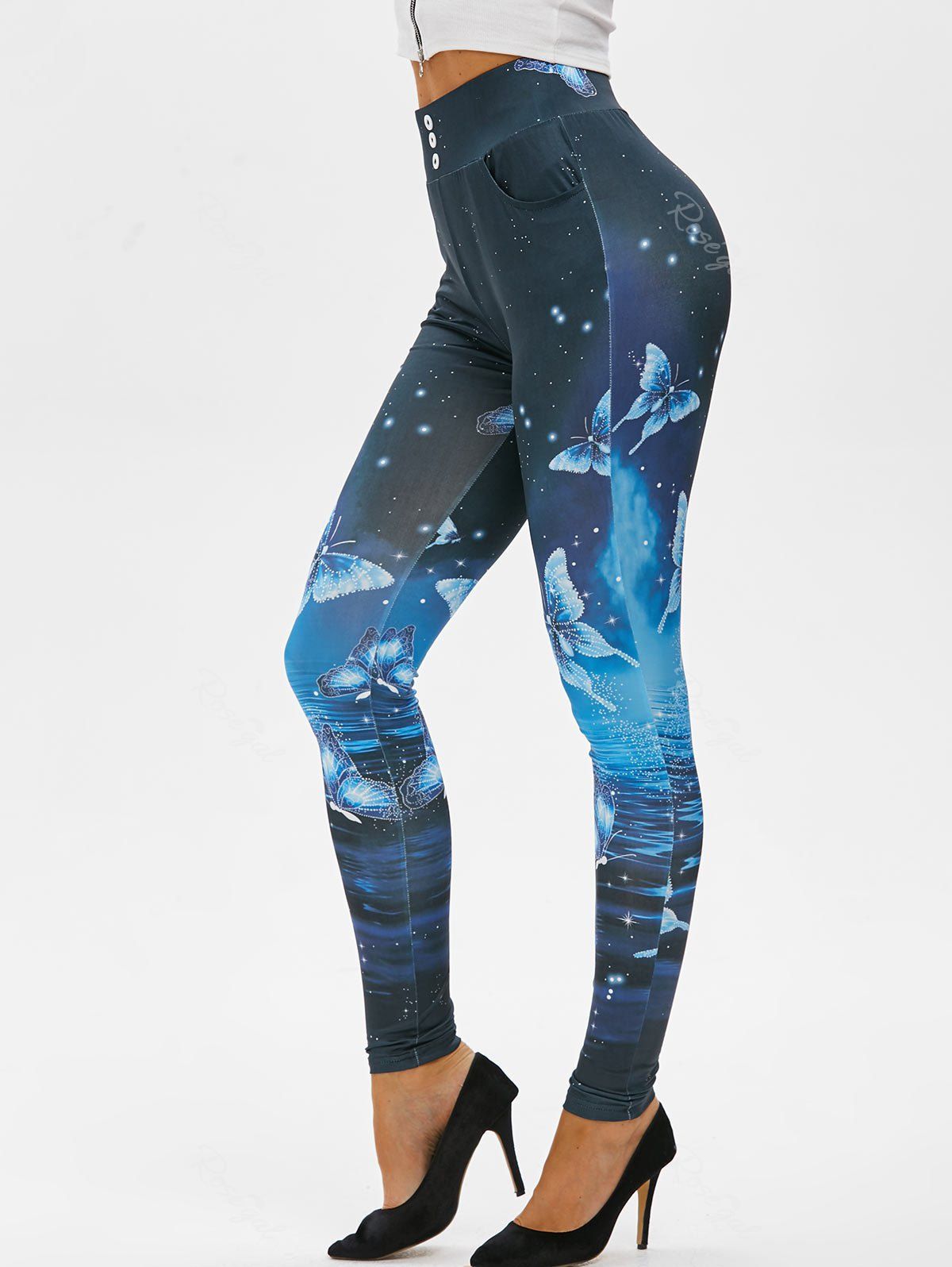 Legging Boutonné à Imprimé Papillon avec Poche Bleu M