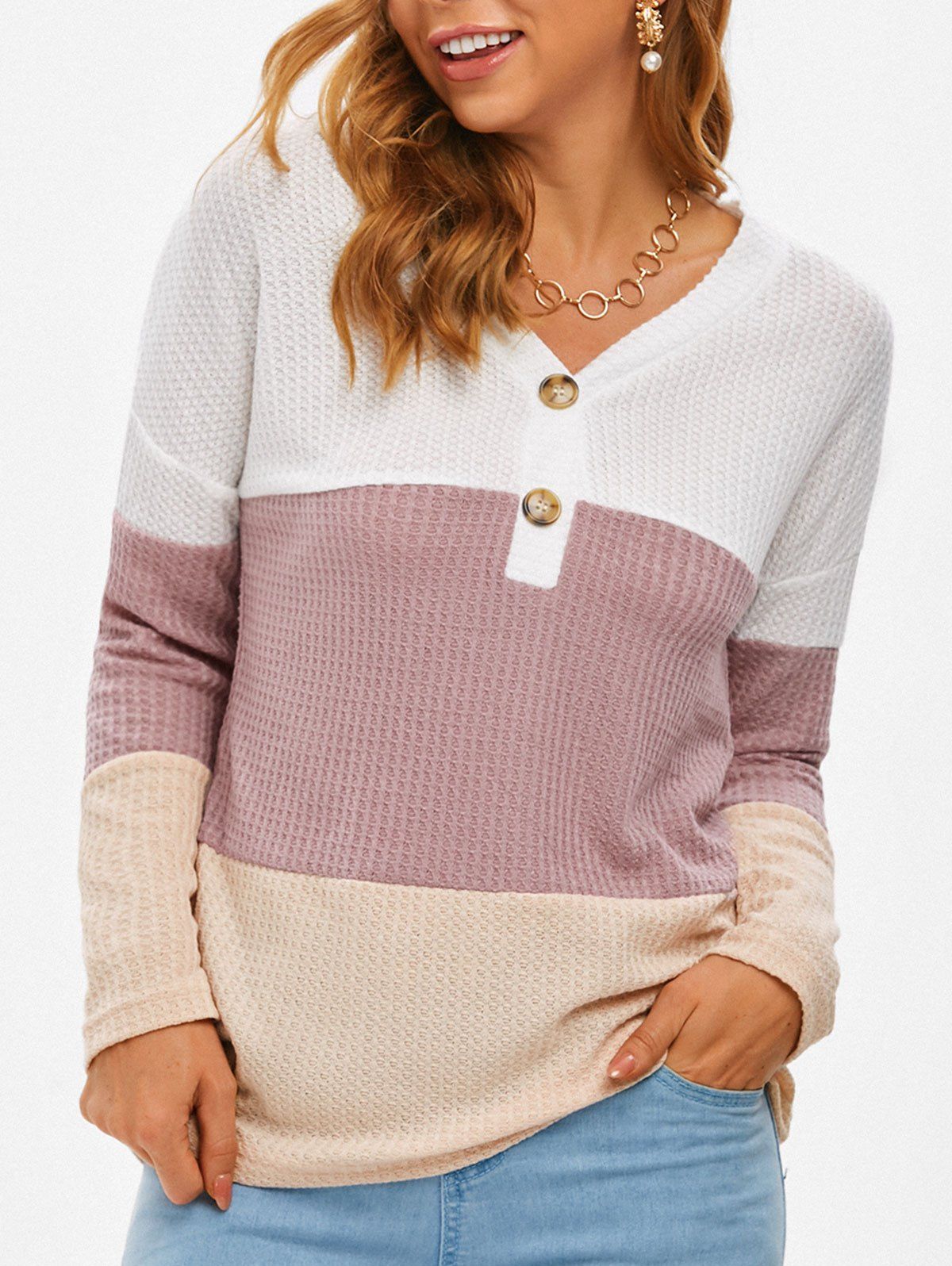 

V Neck Colorblock Honeycomb Knitwear, Multi