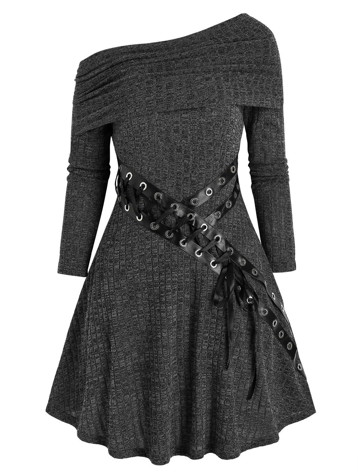 

One Shoulder Belted Knitted Mini Dress, Black