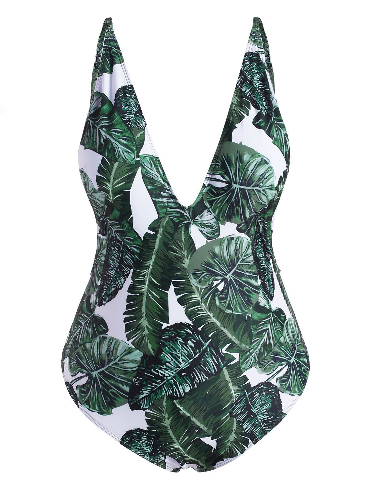 

Plus Size Tropical Leaf Drop Armhole One-piece Swimsuit, Light green