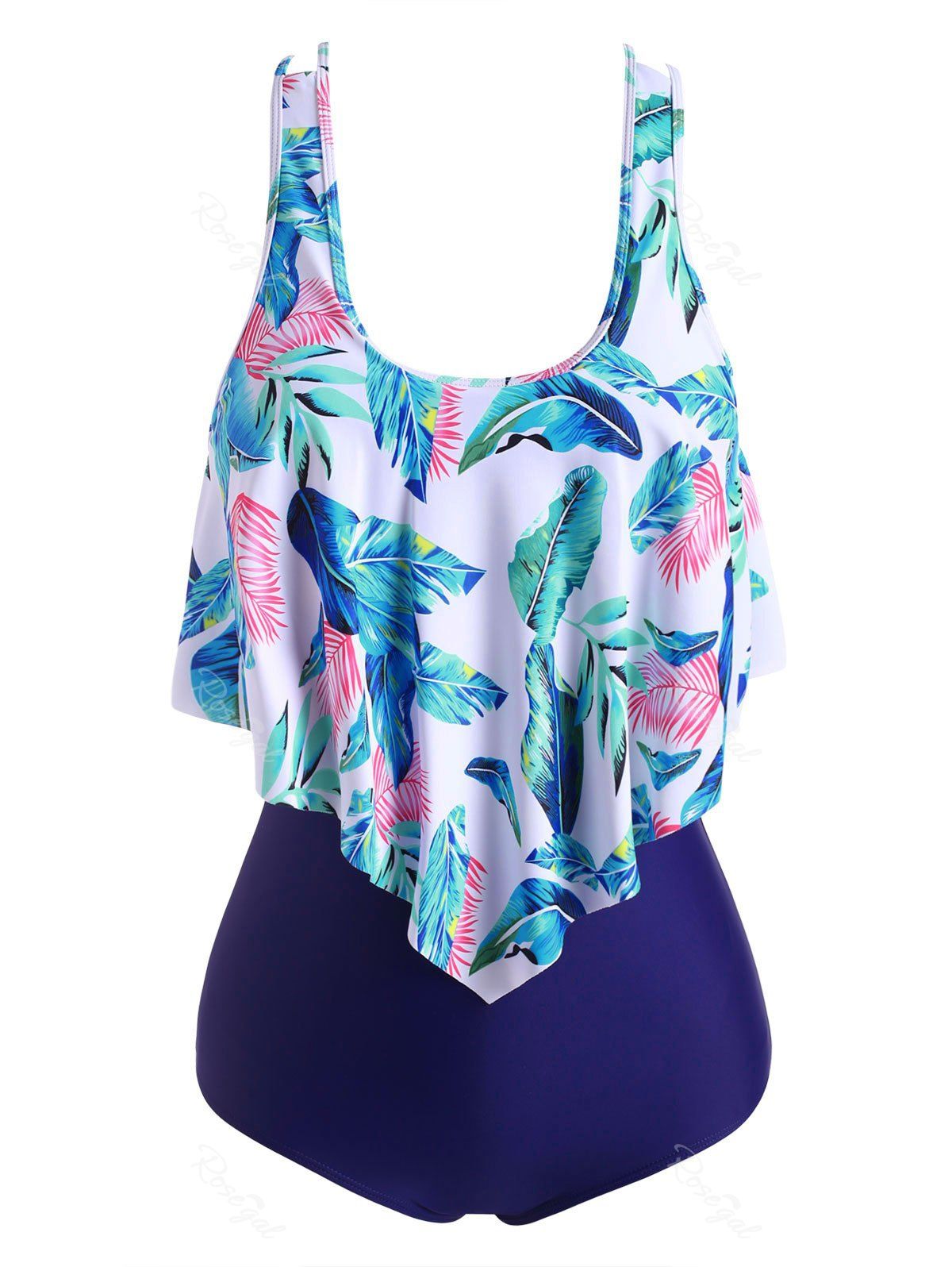 

Plus Size Flounce Leaf Dual Strap One-piece Swimsuit, Deep blue
