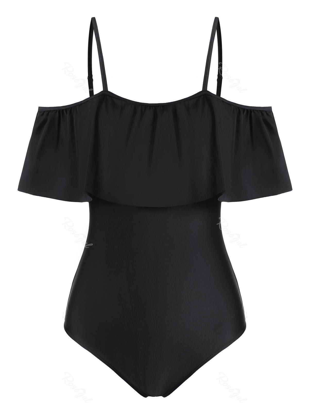 

Plus Size Flounce Open Shoulder One-piece Swimsuit, Black