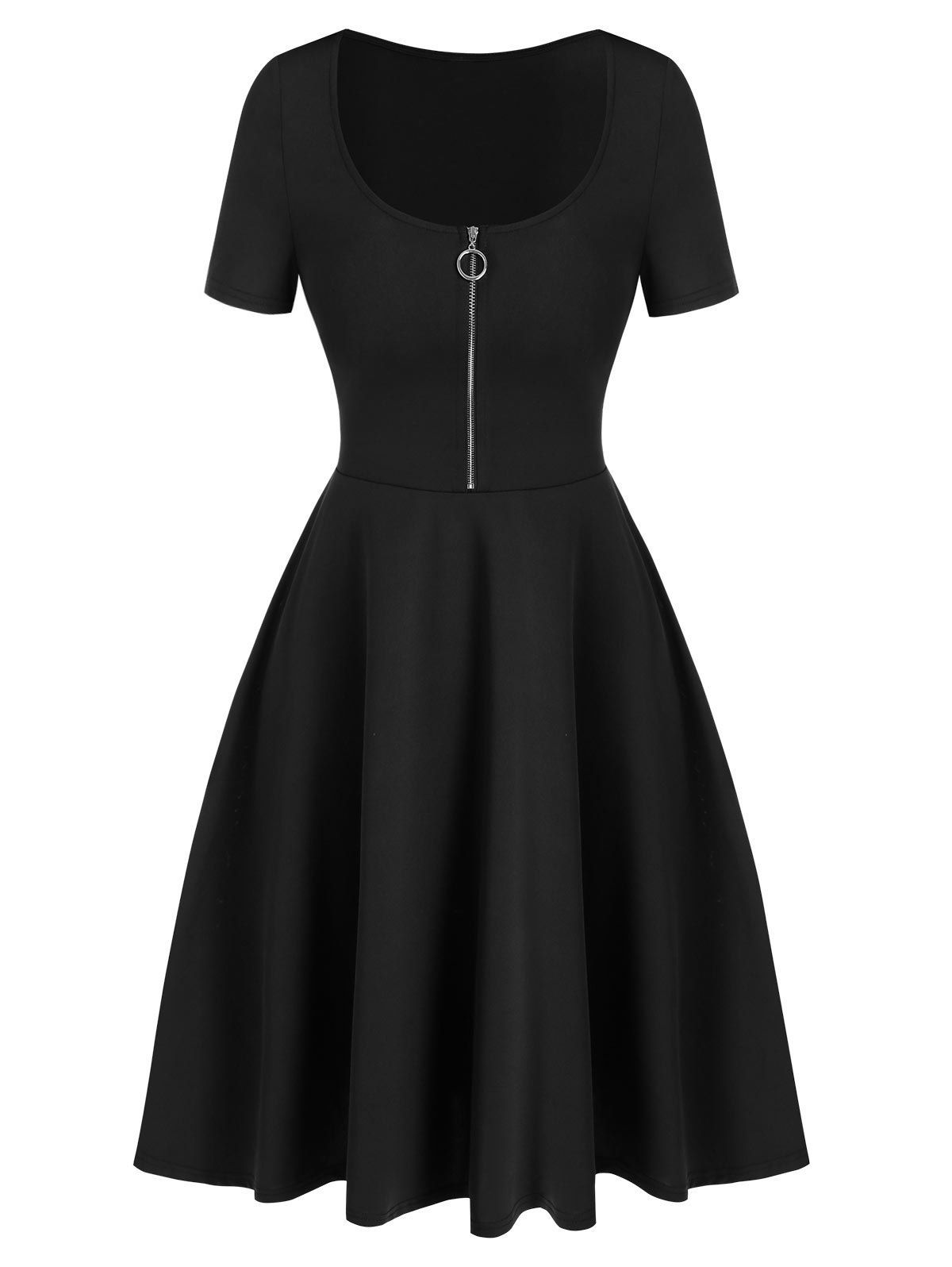 

Half Zip Short Sleeve Flare Dress, Black