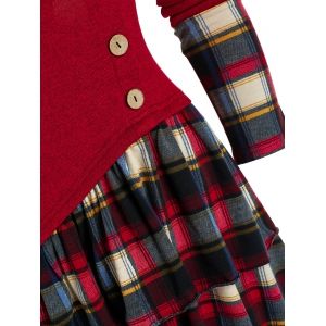 

Plaid Panel Asymmetric Layers Flounce Dress, Red wine