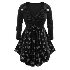 

Plus Size Velvet Butterfly Ruched Skirted Tunic Tee, Black