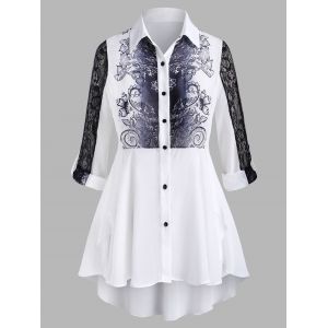 

High Low Lace Panel Printed Plus Size Chiffon Shirt, White