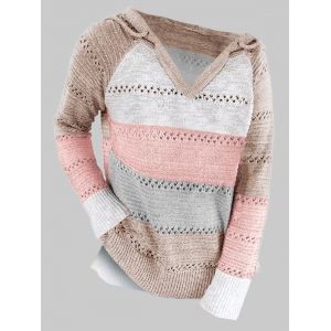 

Plus Size Colorblock Raglan Sleeve Hooded Slit Sweater, Light coffee