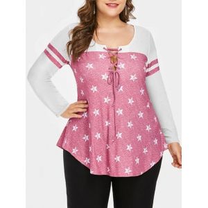 

Plus Size Stars Print Lace Up Curved Tee, Light pink