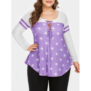

Plus Size Stars Print Lace Up Curved Tee, Purple