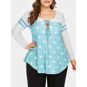 

Plus Size Stars Print Lace Up Curved Tee, Light green