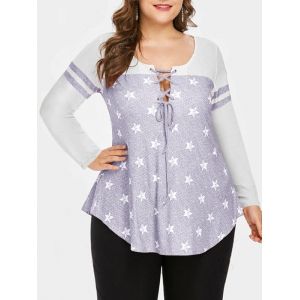 

Plus Size Stars Print Lace Up Curved Tee, Light gray
