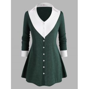 

Button Up Heathered Colorblock Plus Size Top, Green