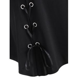 

Lace Up Floral Embroidered Patched Plus Size Skirted Top, Black