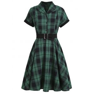 

Mock Button Plaid Belted Rolled Sleeve Dress, Green