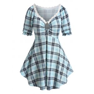 

Plus Size Plaid Lace Trim Skirted Tunic Tee, Baby blue