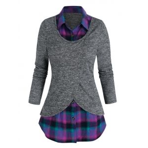 

Plaid Pattern Heathered Faux Twinset Sweater, Gray