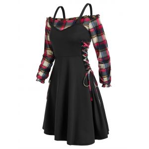 

Off The Shoulder Plaid Blouse and Lace Up Dress Twinset, Black