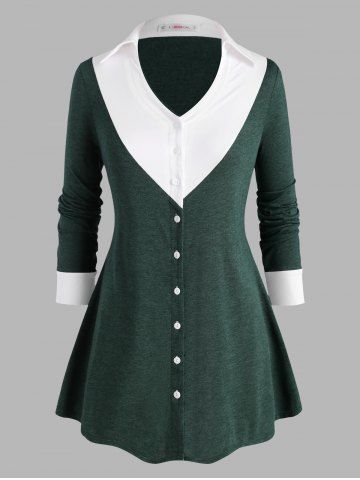 Button Up Heathered Colorblock Plus Size Top - GREEN - L
