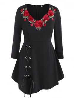 Lace Up Rose Embroidered Patched Plus Size Gothic Skirted Top - BLACK - L