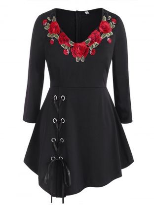Lace Up Rose Embroidered Patched Plus Size Gothic Skirted Top