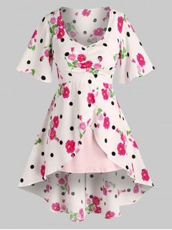 Plus Size Flower Polka Dot Flyaway Blouse with Cami Top Set - MULTI-A - L
