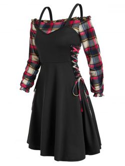 Off The Shoulder Plaid Blouse and Lace Up Dress Twinset - BLACK - XL