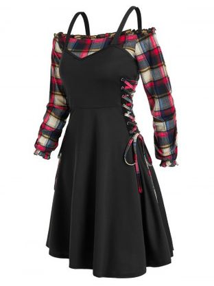 Off The Shoulder Plaid Blouse and Lace Up Dress Twinset