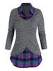 Plaid Pattern Heathered Faux Twinset Sweater -  