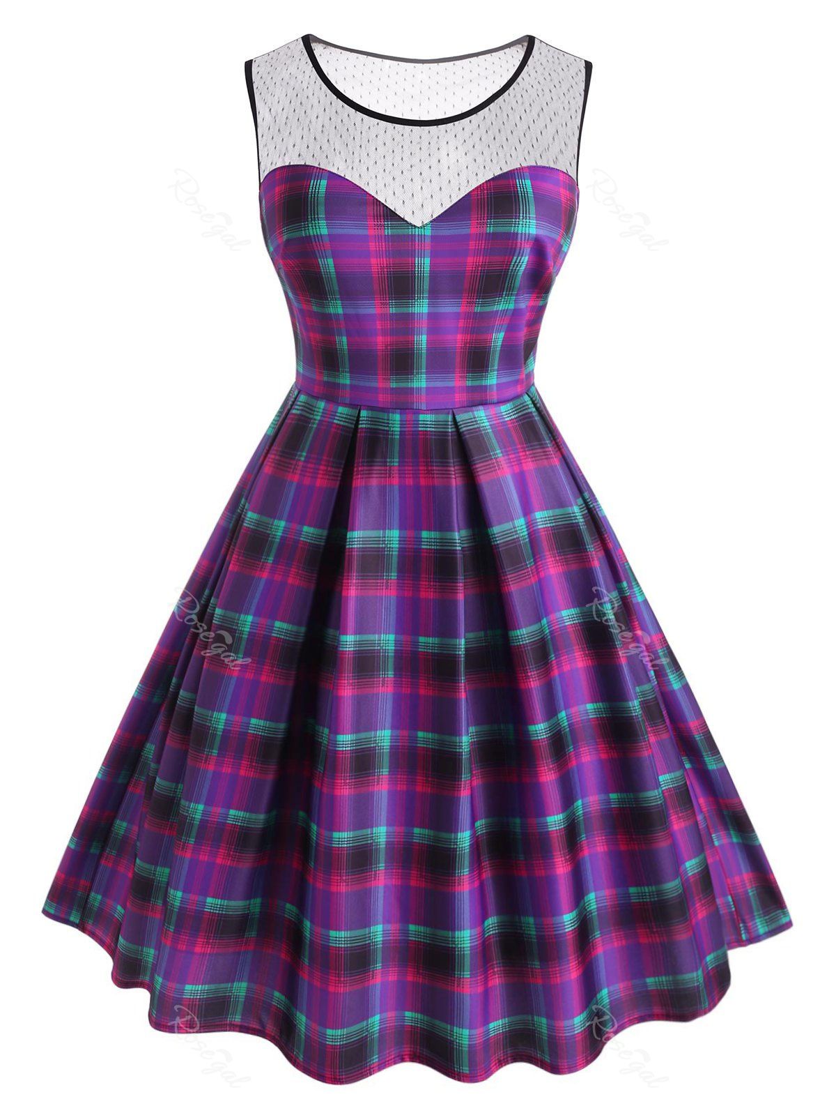 

Plus Size Plaid Lace Insert Sleeveless Dress, Purple