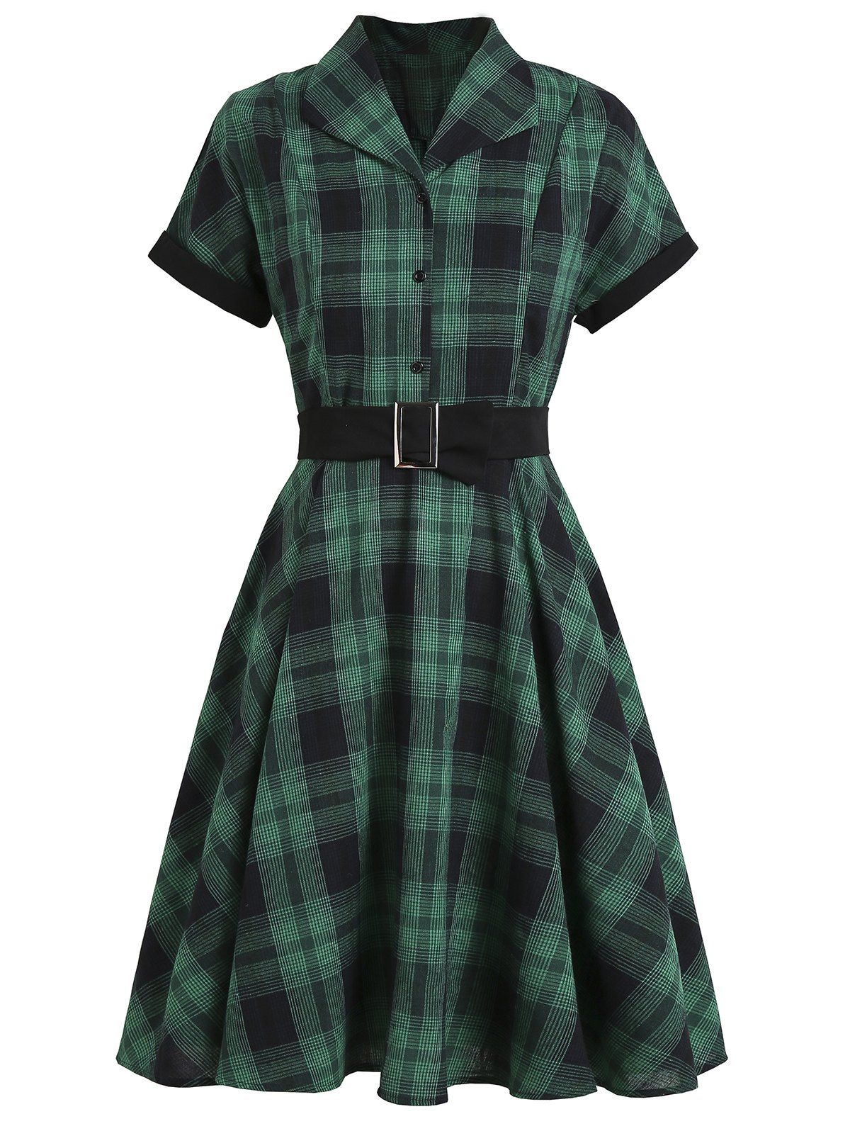 

Mock Button Plaid Belted Rolled Sleeve Dress, Green
