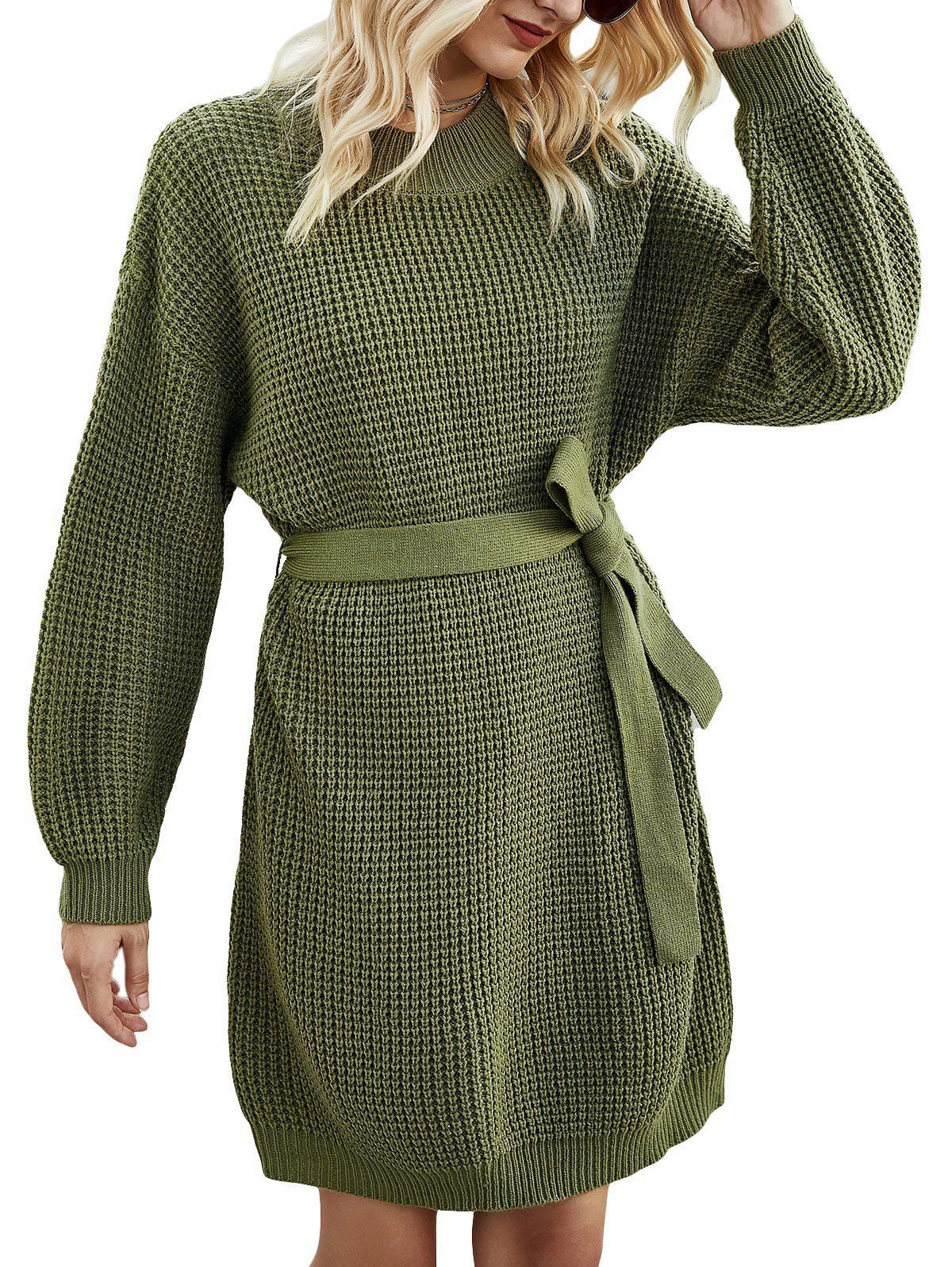 

Crew Neck Belted Jumper Dress, Green