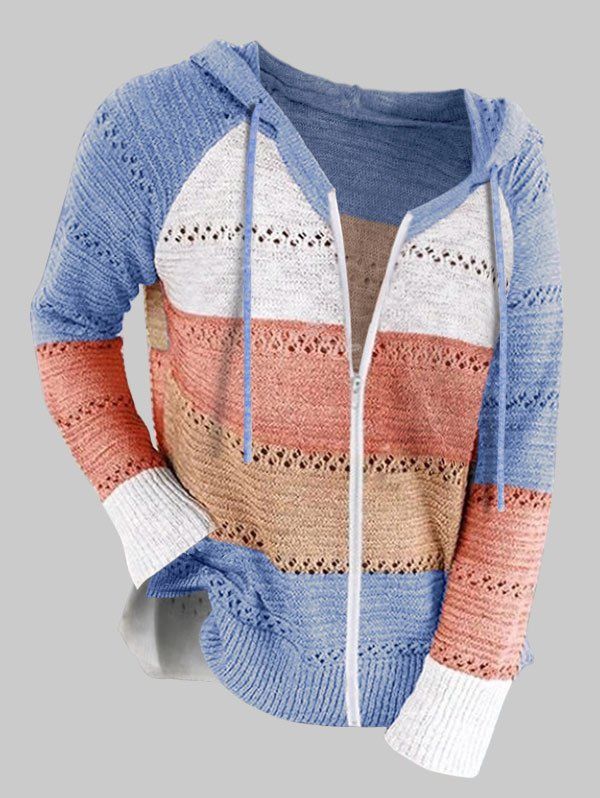 Outfit Plus Size Raglan Sleeve Colorblock Hooded Zip Up Cardigan  