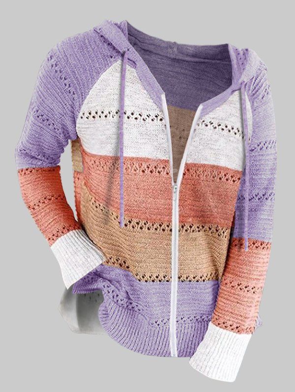 

Plus Size Raglan Sleeve Colorblock Hooded Zip Up Cardigan, Purple